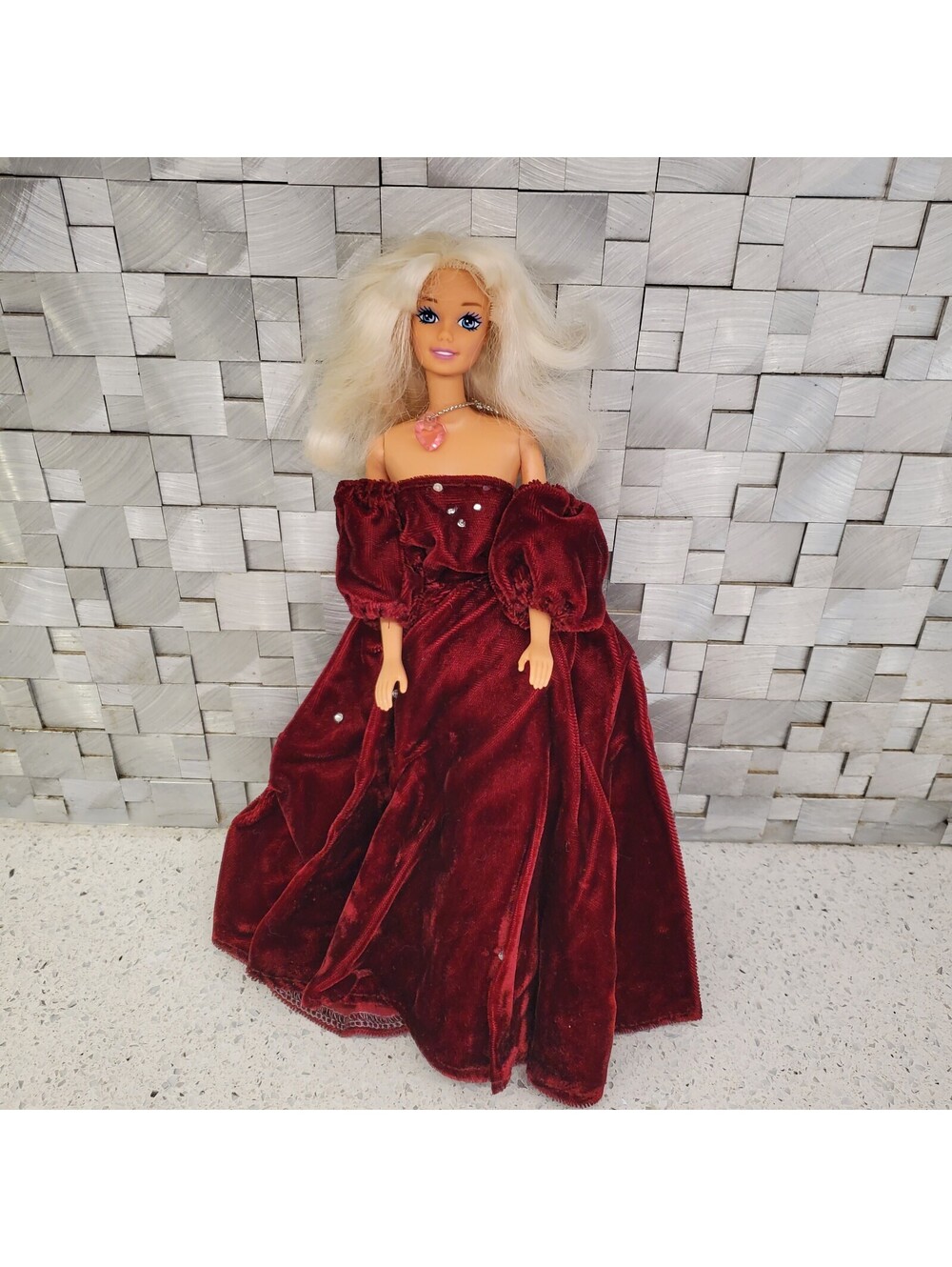Vintage Barbie in Burgundy Velvet Dress with Puffy Sleeves and Heart Necklace